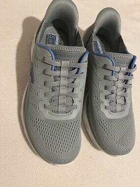 Skechers Women’s Light Gray Athletic Sneakers with Blue Trim